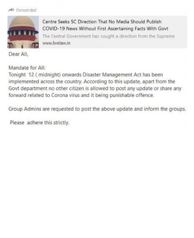 Misleading: Disaster Management Act, 2005 restricts citizens to post updates on COVID-19.