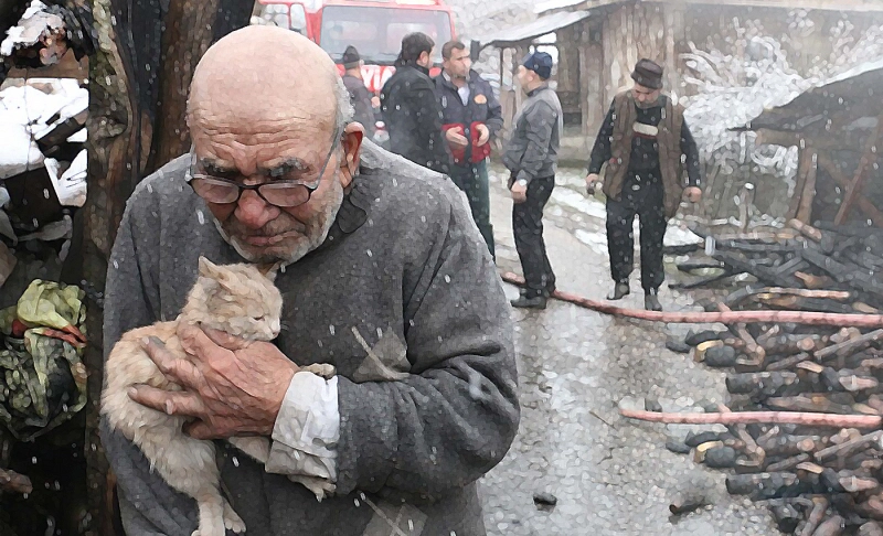 False: The picture shows an old Ukrainian man clutching onto his cat amid the ongoing Russian invasion of Ukraine.