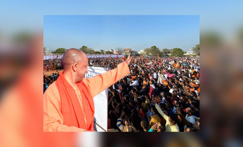 True: Chief Minister Yogi Adityanath shared a photoshopped image of himself referring to the Etawah campaign rally.
