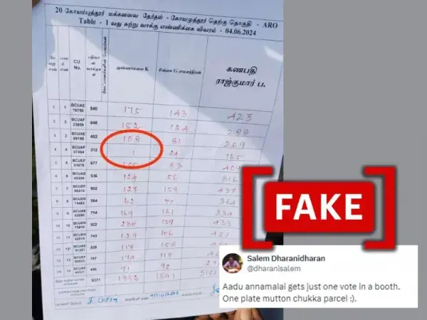 Did BJP's Annamalai receive 'a single vote' at a Tamil Nadu polling booth? Image is edited