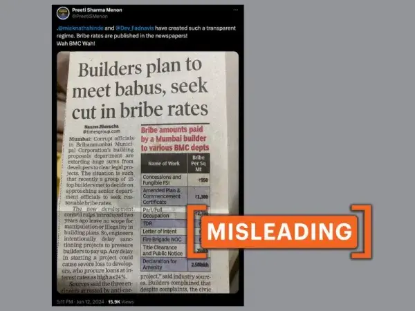 Report about BMC ‘bribe rate-card’ is from 2014, unrelated to Maharashtra's current government