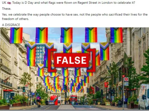 Image showing Pride flags from 2022 incorrectly shared as being from the day of D-Day commemorations in 2024