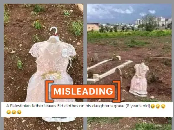 No, this image does not show Eid clothes on the grave of a Palestinian girl