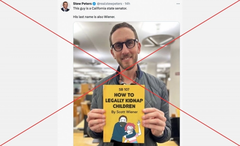 California State Senator Scott Wiener did not pose with a book titled ‘How to Legally Kidnap Children’