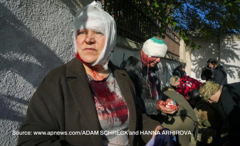 False: An image of people injured in the October 10 missile strike in Kyiv, Ukraine, is fake.
