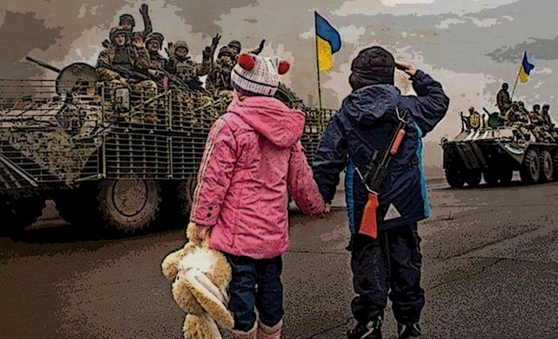 Misleading: An image shows children saying goodbye to Ukrainian soldiers fighting against the Russian invasion.