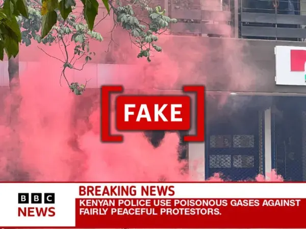 Screenshot of a supposed BBC News report on the use of pink poisonous gas on Kenyan protesters is fake