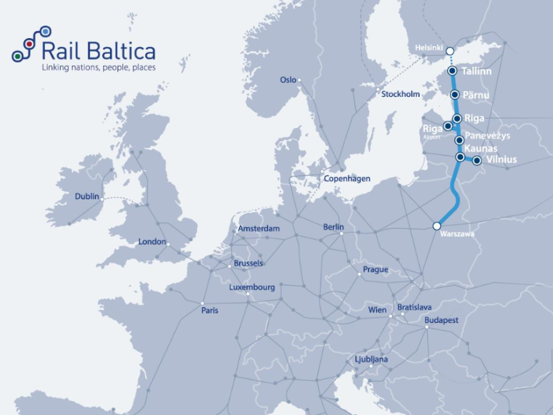 A map of Rail Baltica rail network going through Tallinn, Pärnu, Riga, Riga airport, Panevėžys, Kaunas and Vilnius