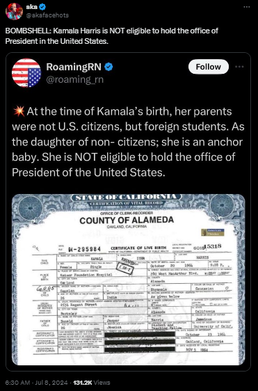 A screenshot of a tweet claiming Kamala Harris is not eligible to hold the office.