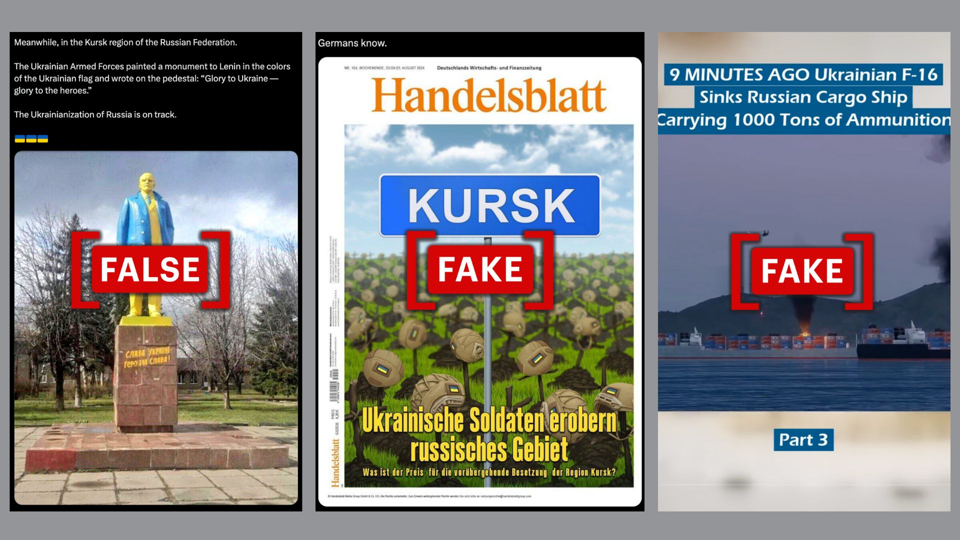 Three screenshots showing false or fabricated content shared online after the Kursk incursion.