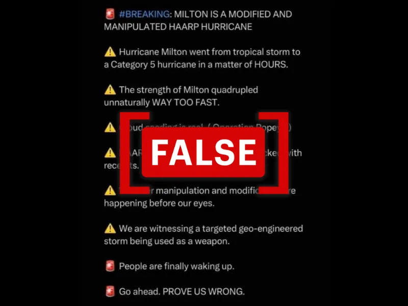 No, Hurricane Milton has not been manipulated by research facility HAARP