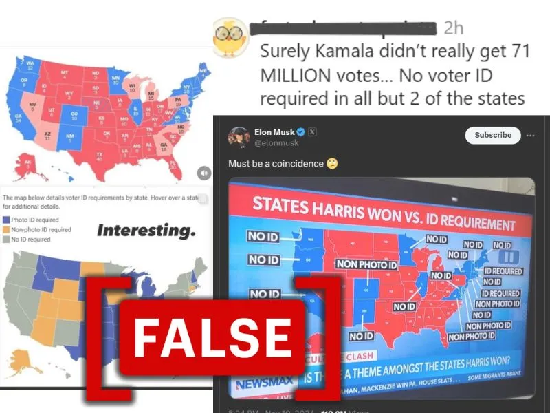 The photo shows a false posts claiming that voter ID is only required in two (or fewer) states that voted for Kamala Harris in the presidential election.