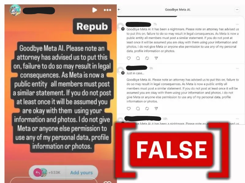 The image shows false claims that media users can stop Meta from collecting data for AI training by posting a viral message.