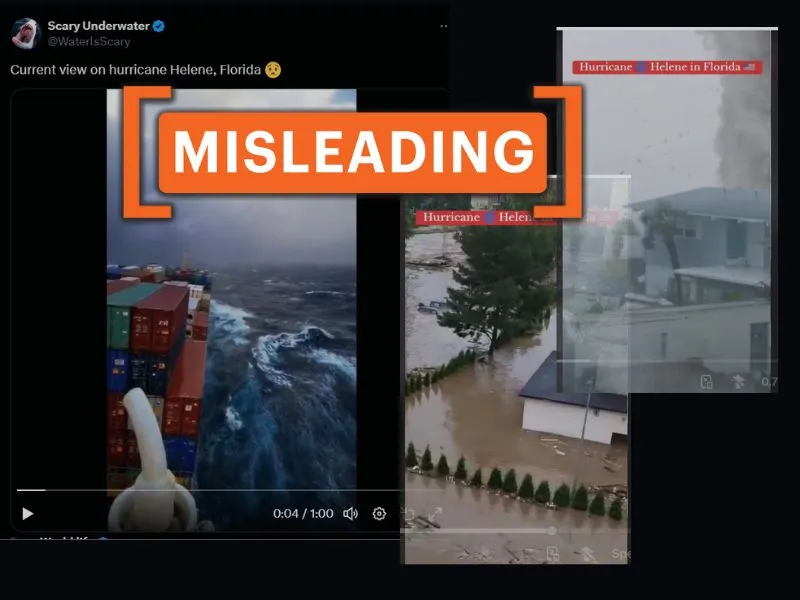 The image shows footage that misleadingly claims to show the effects of Hurricane Helene.