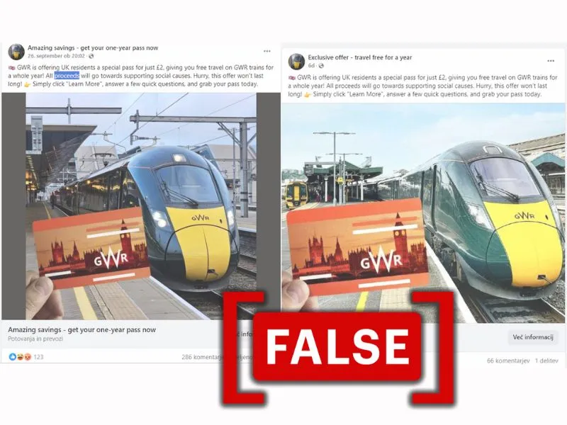 The image shows the false claim circulating on Facebook that very cheap train tickets are available for U.K. residents.