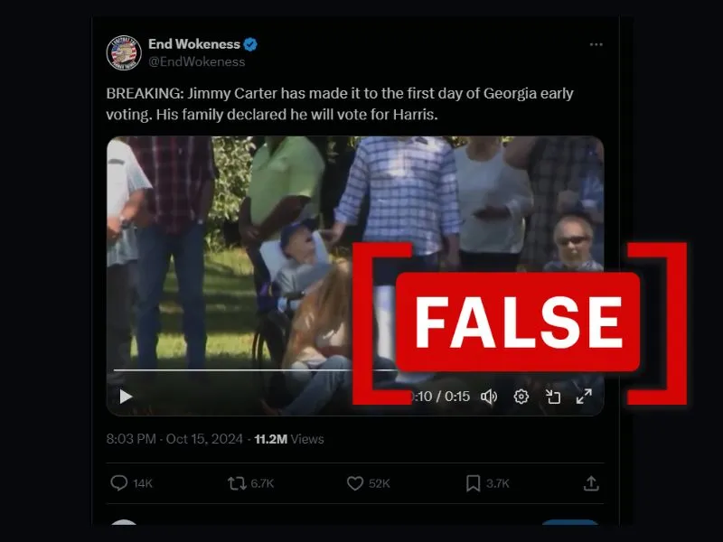 The photo shows a false post claiming that the video depicts Jimmy Carter attending early voting.