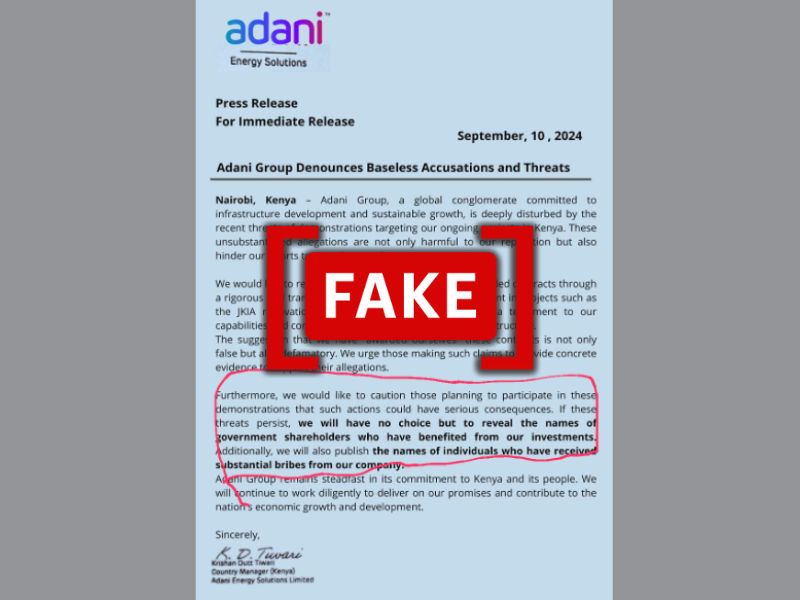 The image shows a screenshot of the viral press note allegedly released by the Adani Group, where it has warned Kenyan protesters.