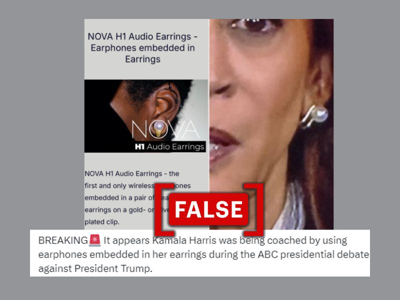 The image shows a screenshot of a viral post alleging that Kamala Harris wore Nova H1 audio earrings at the presidential debate against Donald Trump.