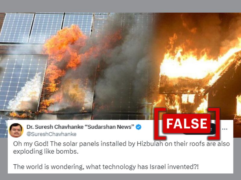 The image shows a collage of solar panels and a house on fire, claiming it is from the recent explosions in Lebanon.