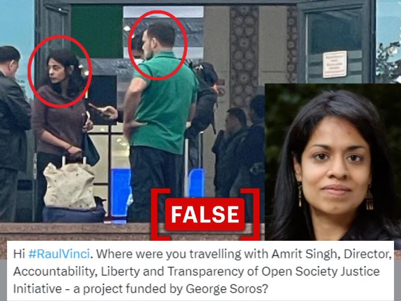 The image shows screenshot of the viral picture claiming that it shows Rahul Gandhi standing with Manmohan Singh’s daughter Amrit Singh.