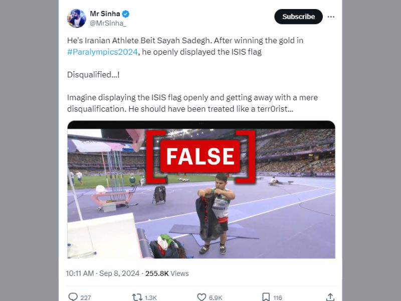 The image shows a screenshot of a viral post incorrectly claiming that Iranian athlete Sadegh Beit Sayah displayed the ISIS flag at 2024 Paris Paralympics.