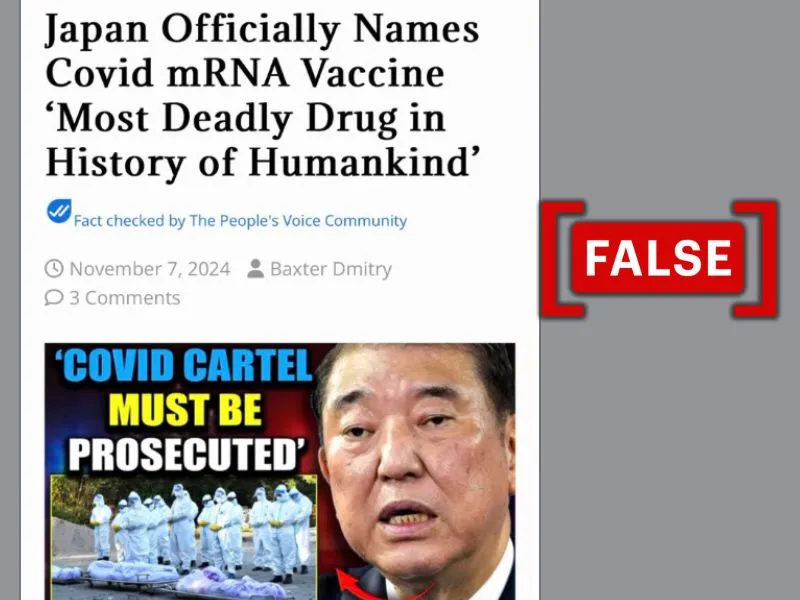 The image shows a screenshot of The People's Voice article claiming that Japan labeled COVID-19 vaccines as the most deadly drug in human history.