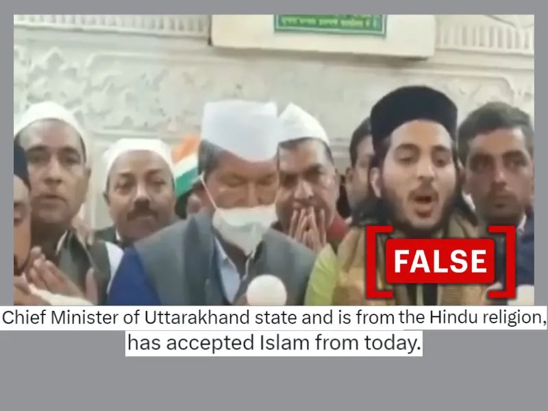 The image shows a viral clip of Harish Rawat visiting a dargah in 2021, which is now circulated with a false claim that he converted to Islam religion.