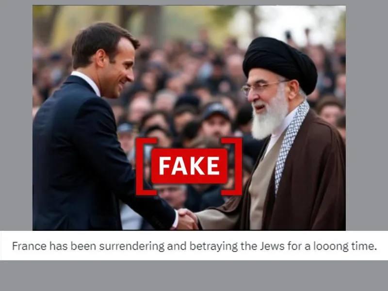 The image shows an AI-generated picture of Emmanuel Macron and Iran’s Supreme Leader Ayatollah Ali Khamenei shaking hands, with the claim France has surrendered to Iran.