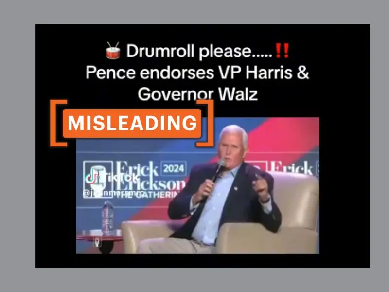 The image depicts a post claiming that the video shows Mike Pence expressing support for Kamala Harris and Tim Walz ahead of the 2024 U.S. presidential election.