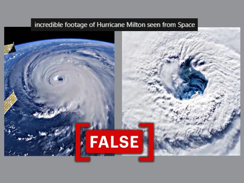 Screenshot of a viral Threads post falsely claiming 2018 footage as Hurricane Milton ‘seen from space,' with a FALSE tag.