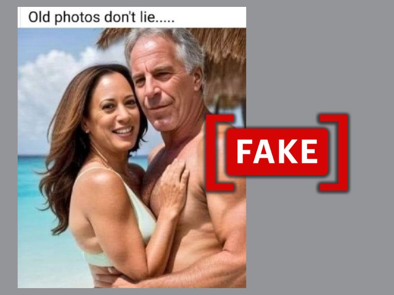 The image depicts Vice President Kamala Harris posing with convicted sex offender Jeffrey Epstein on a beach, with a FAKE tag.