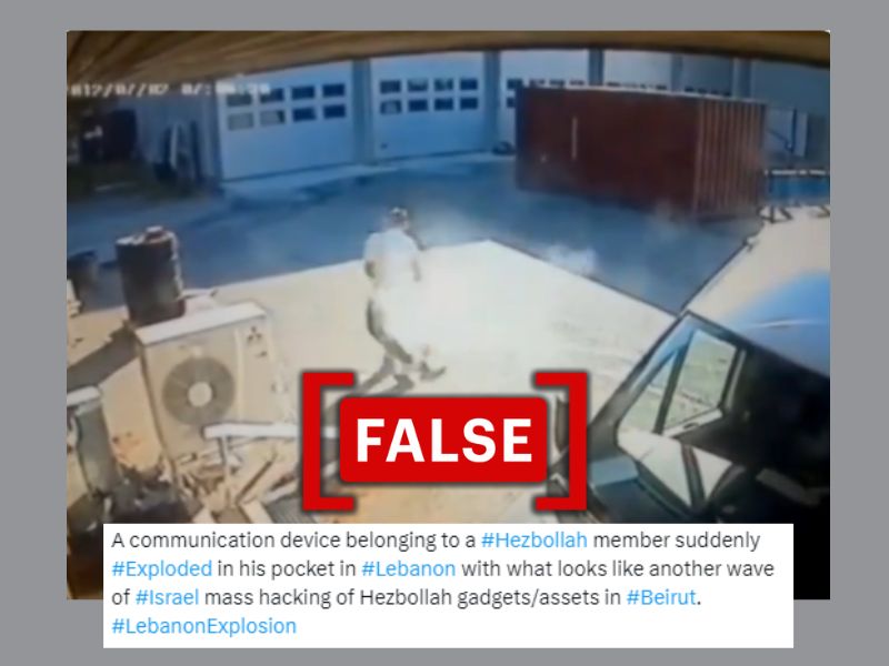 The image is a still from a video of a communication device exploding in a pocket, falsely claimed to be from the Lebanon blasts.