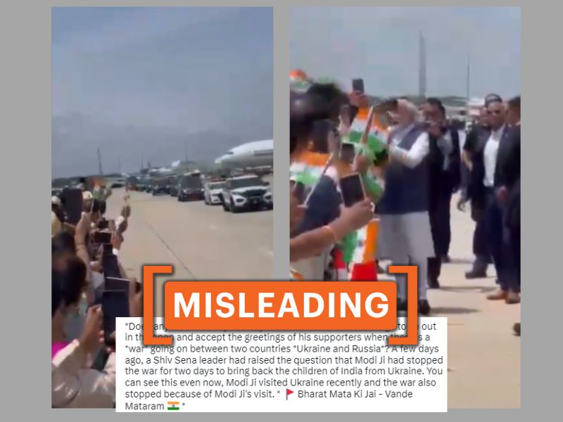 A screenshot of a post featuring a video of Prime Minister Narendra Modi being welcomed, falsely claimed to be from his recent visit to Ukraine, with a MISLEADING tag.