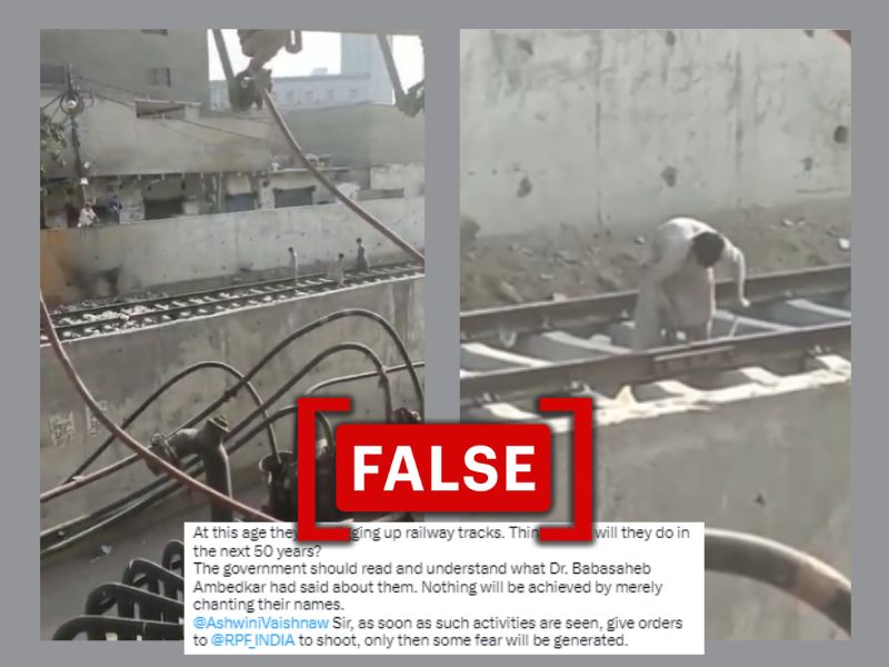 Screenshot of post indicating the video of railway track tampering is from India, with a FALSE tag.