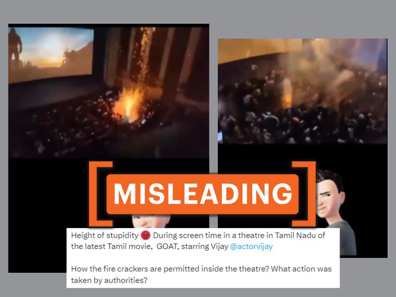 Screenshot of a post claiming that fireworks were set off inside a movie theater in Tamil Nadu during the screening of Vijay's recent film, 'GOAT,' with a MISLEADING tag.