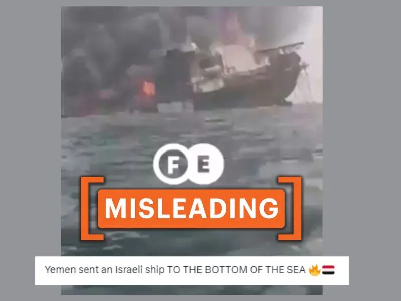 Image of a ship engulfed in flames, with half of it sinking, linked to the ongoing Israel-Yemen conflict.