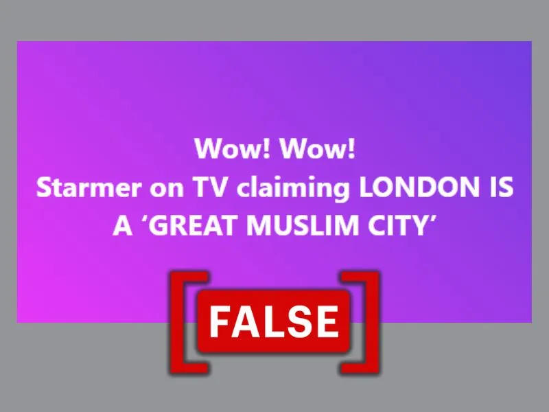 A screenshot of a Facebook post with a pink and purple background, with text claiming Keir Starmer referred to London as a ‘great Muslim city.’