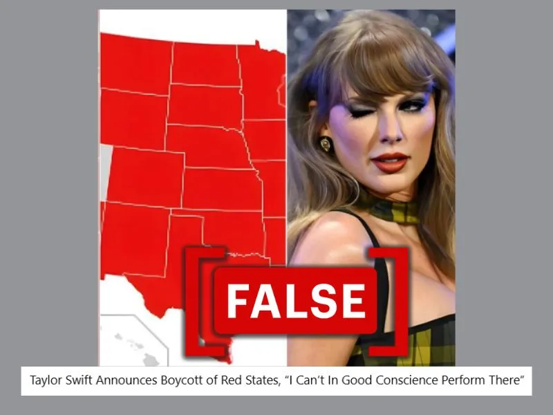 Screenshot of posts claiming Taylor Swift announced a boycott of red states following Trump’s re-election, with the alleged statement, “I can’t in good conscience perform there.”