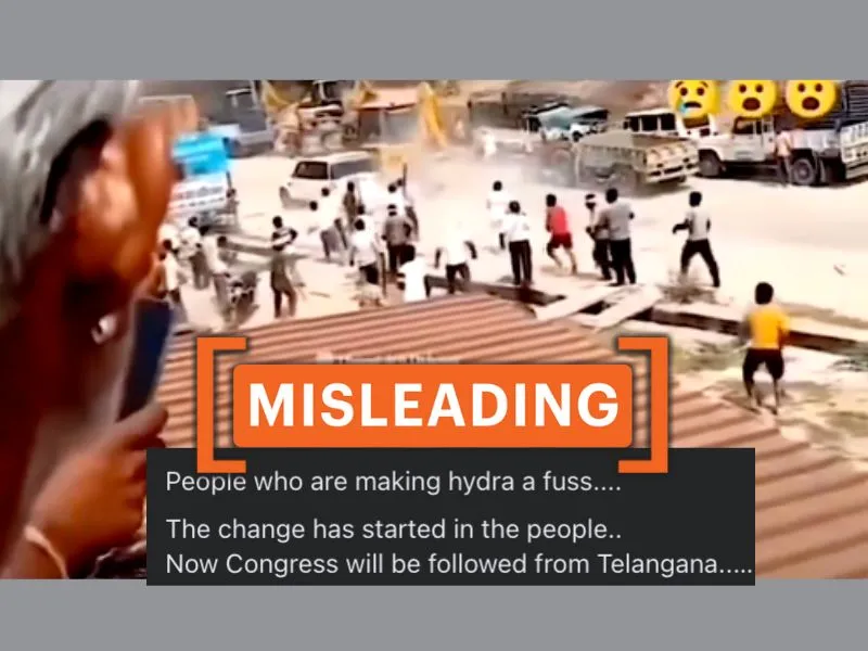 A screengrab from the video shows people running in the street, misrepresented as protests against HYDRAA in Telangana, with a MISLEADING tag.