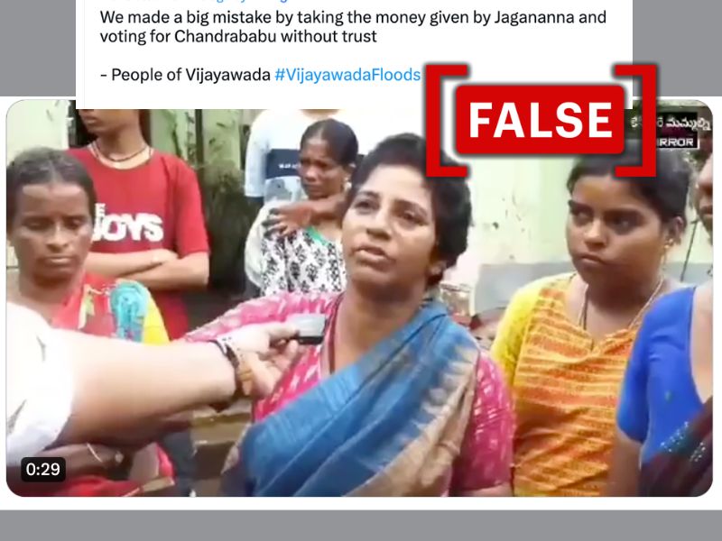 Screenshot of the claim where a flood victims are seen and the post shared with a caption that they are Vijayawada flood victims with a false stamp over the post