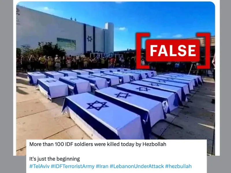 Screenshot of the claim with a photo of coffins stating 100 IDF soldiers killed by Hezbollah, and a false tag over the post.