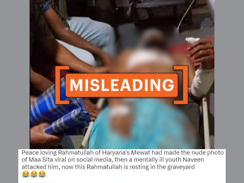 Screenshot of a social media post alleging that a Muslim man was stabbed by a Hindu youth in Haryana for posting an obscene image of Goddess Sita, with a MISLEADING tag.