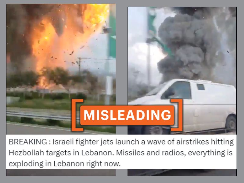 The image shows two screengrabs from a video which shows an explosion captured by a spectator in a moving vehicle with the text claiming it is a recent attack.