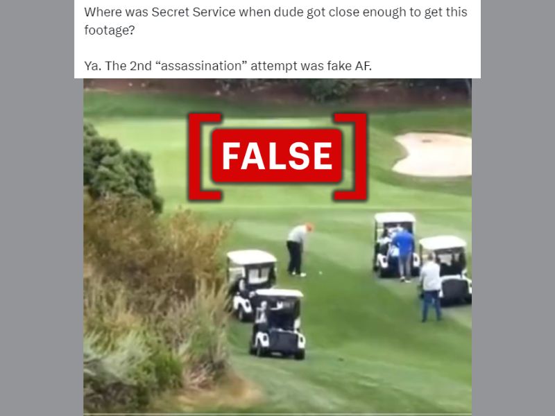 The image shows people playing golf along with text claiming the video was shot on the day of the assassination attempt.