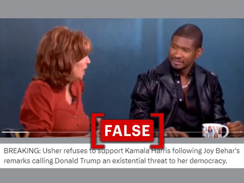 The image shows Joy Behar speaking with the singer Usher, with a social media caption claiming he refused to endorse Kamala Harris.