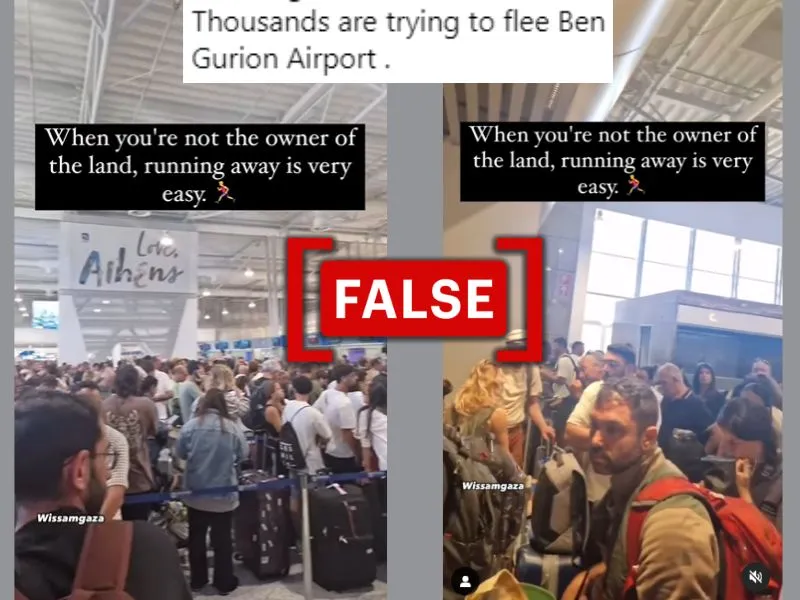 The image shows the screenshot of the people standing at the airport with the text reading Israelis are fleeing the country.