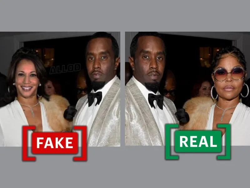 The image shows a screenshot of the fake image of Kamala Harris standing with Diddy and the original image featuring Misa Hylton and Diddy.