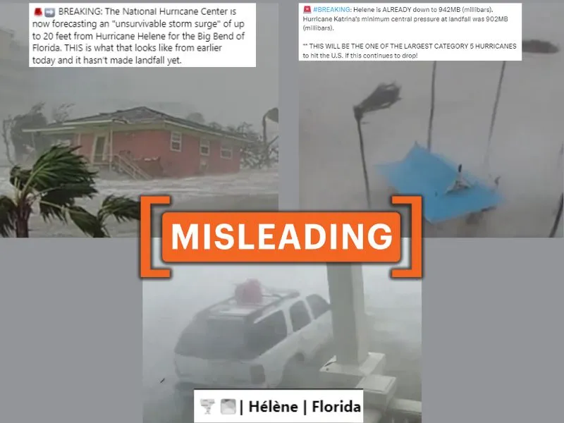 The image shows screengrabs of the viral videos of flooding along with the text claiming the videos are from Hurricane Helene.