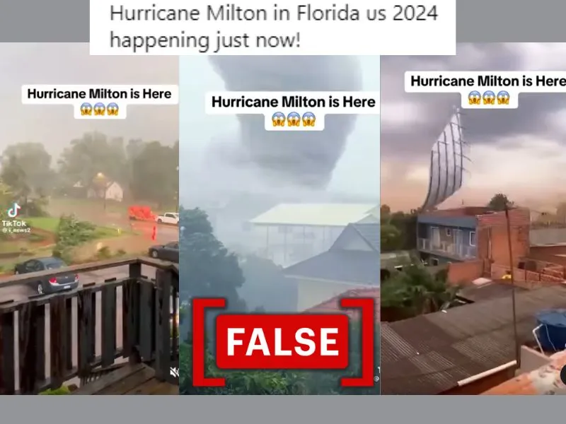 A collage of three screenshots from Instagram posts showing stormy weather that has been shared claiming it shows the after-effects of Hurricane Milton.