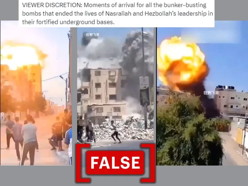 An image shows screenshots of airstrikes on buildings, with text falsely claiming the videos depict Israeli airstrikes on Lebanon.